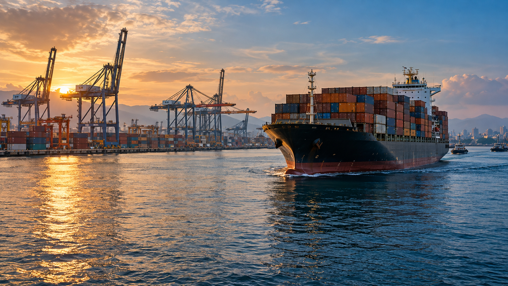 Container shipment leaving an Indonesian port by vessel